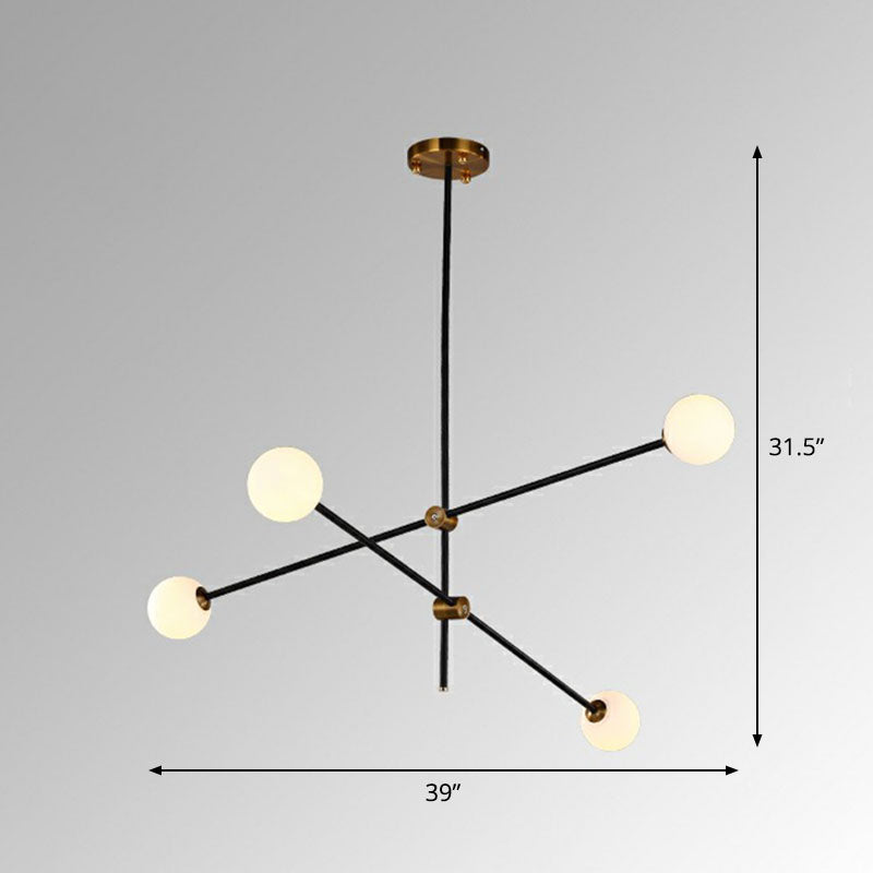 Simplicity Linear Chandelier Metal Living Room Pendant Lighting with Ball White Glass Shade in Black