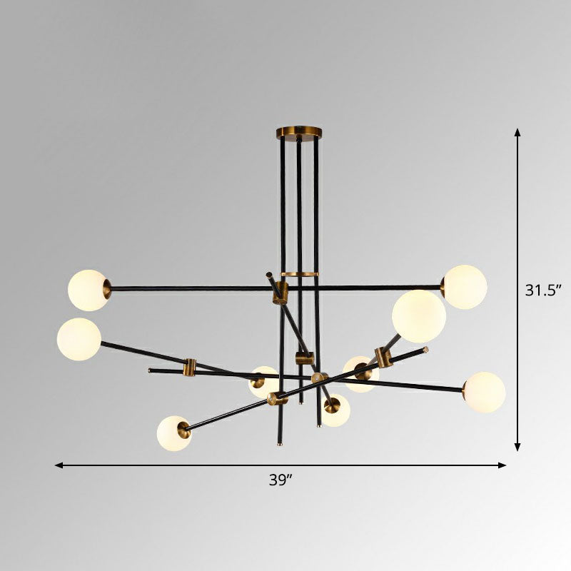 Simplicity Linear Chandelier Metal Living Room Pendant Lighting with Ball White Glass Shade in Black