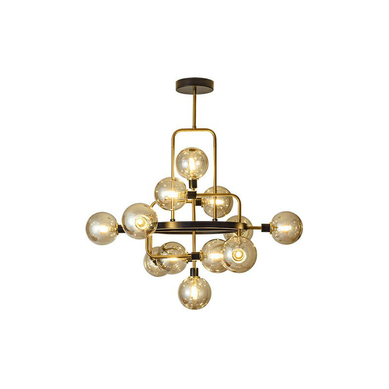 Glass 3D Atomic Chandelier Postmodern 12-Bulb Black and Brass Suspension Light Fixture