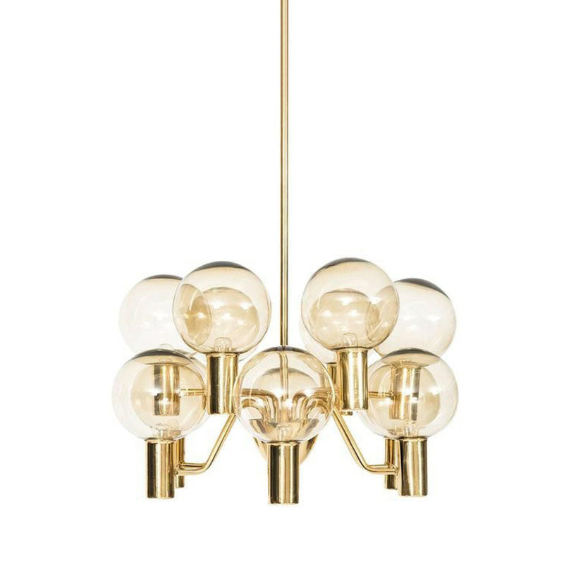 Postmodern Style 12-Light Chandelier Brass Plated Ball Ceiling Hang Lamp with Glass Shade