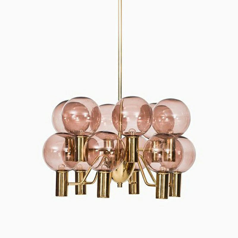 Postmodern Style 12-Light Chandelier Brass Plated Ball Ceiling Hang Lamp with Glass Shade