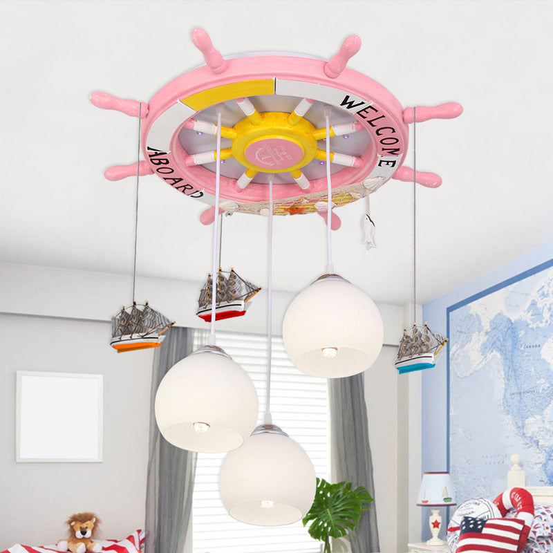 Globe Flush Ceiling Light Cartoon Cream Glass 3 Bulbs Child Room LED Flush Mount Lighting with Rudder Decor