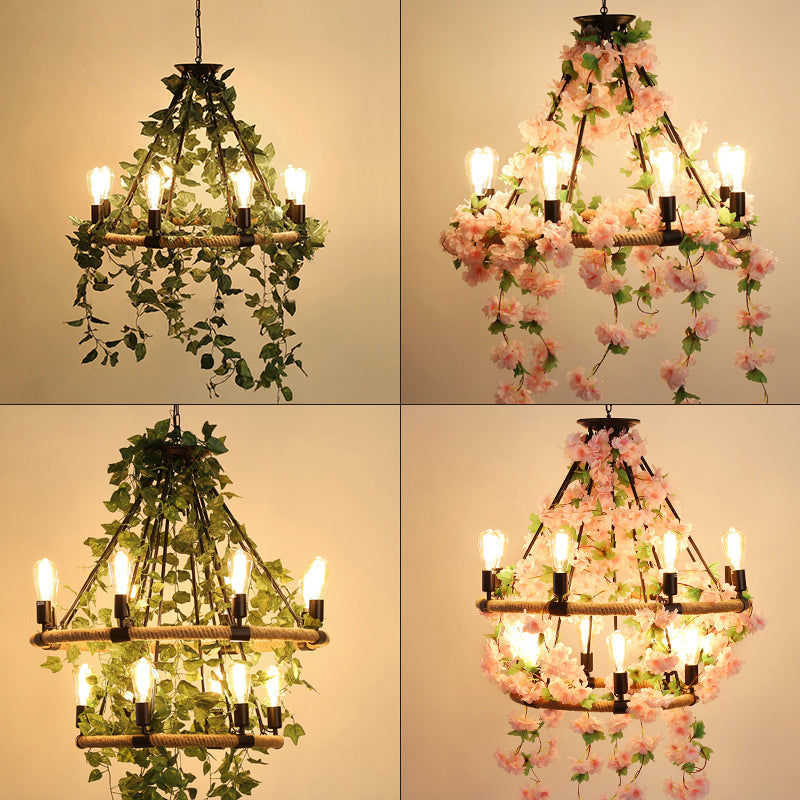 Wagon Wheel Dining Room Hanging Light Farmhouse Metal Chandelier with Plant Decoration