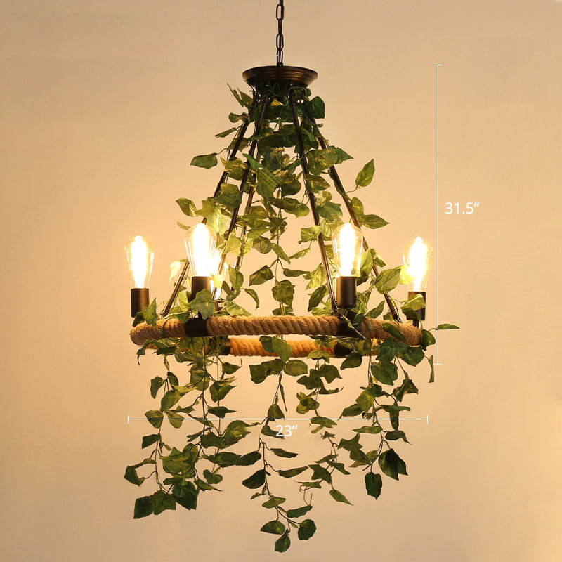 Wagon Wheel Dining Room Hanging Light Farmhouse Metal Chandelier with Plant Decoration