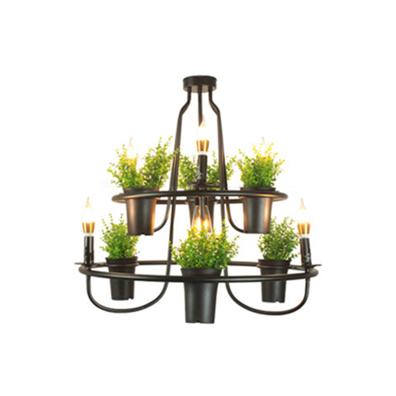 Green Artificial Pot Plant Pendant Lighting Industrial Metal 3 Bulbs Restaurant Chandelier