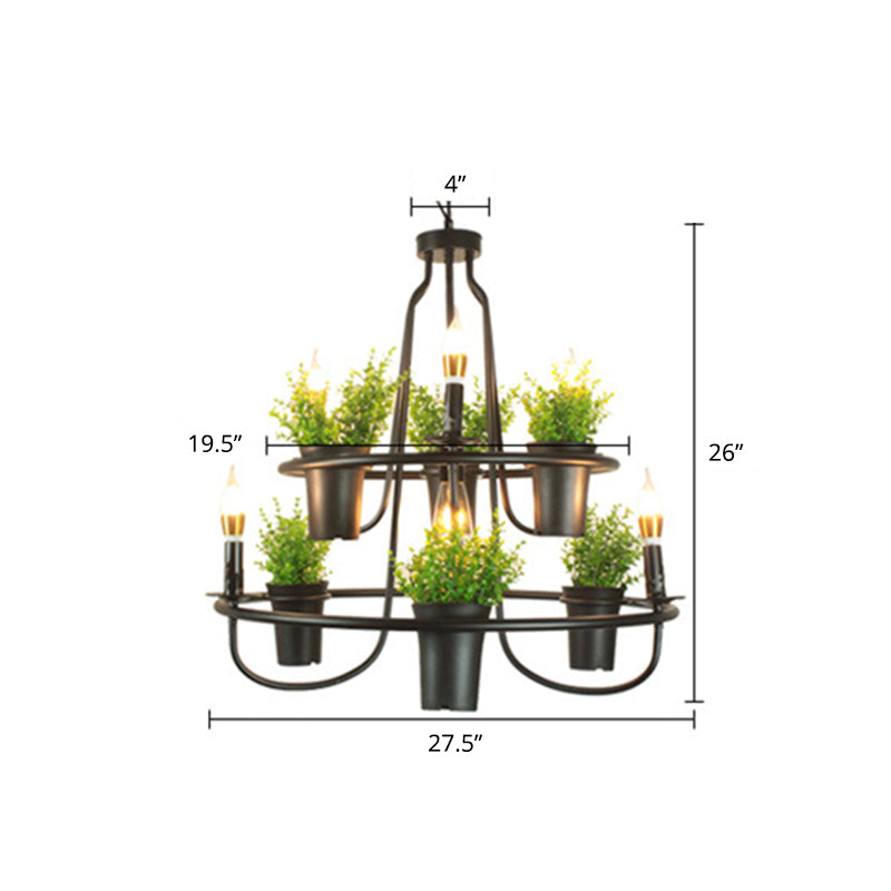 Green Artificial Pot Plant Pendant Lighting Industrial Metal 3 Bulbs Restaurant Chandelier