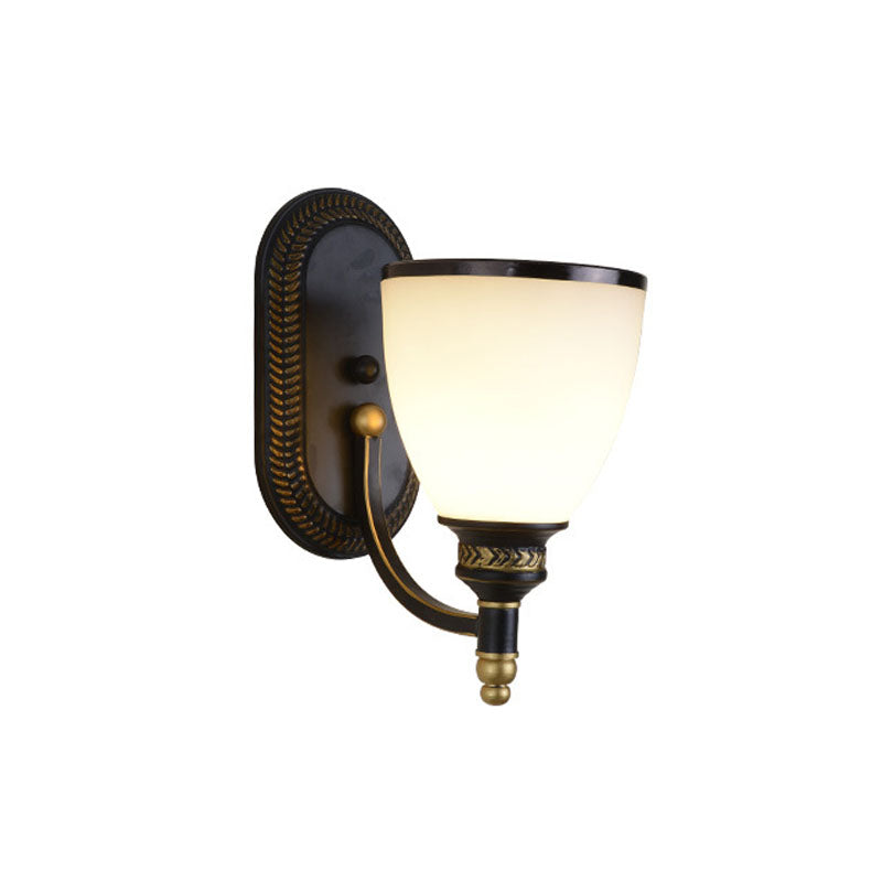 Metal Dome Wall Light Sconce Vintage Style 1/2-Head Living Room Wall Lamp with White Glass in Black
