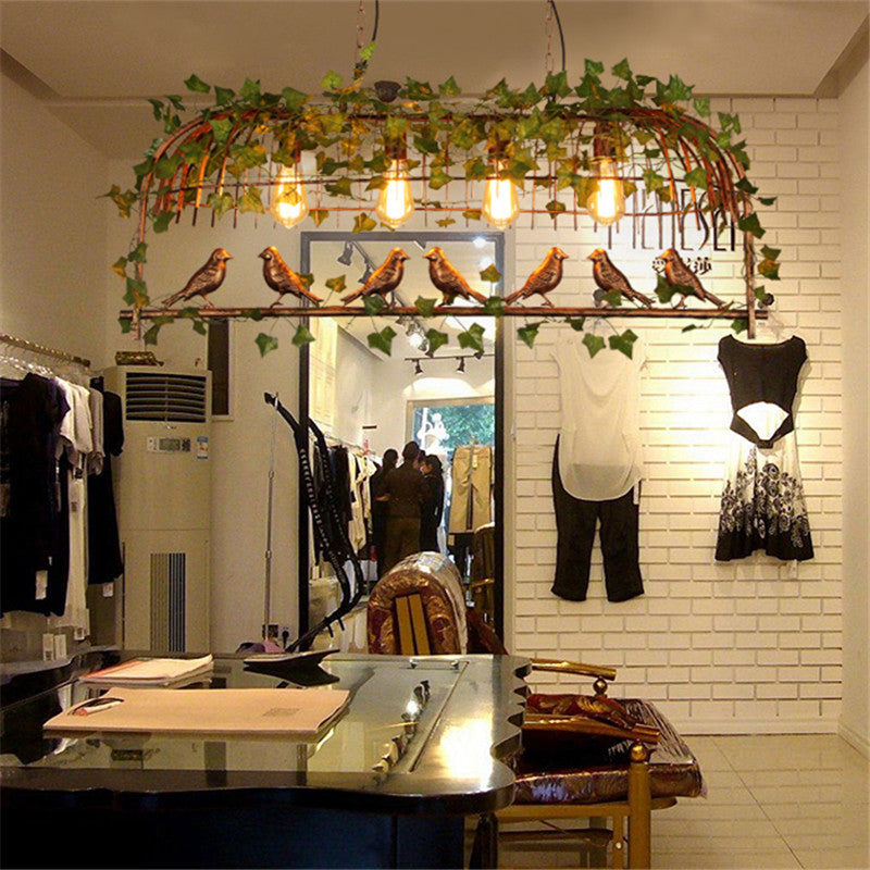 Island Ceiling Light Rural Birdcage Cast Iron Hanging Light Fixture with Bird and Leaf Deco