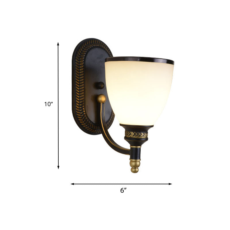 Metal Dome Wall Light Sconce Vintage Style 1/2-Head Living Room Wall Lamp with White Glass in Black