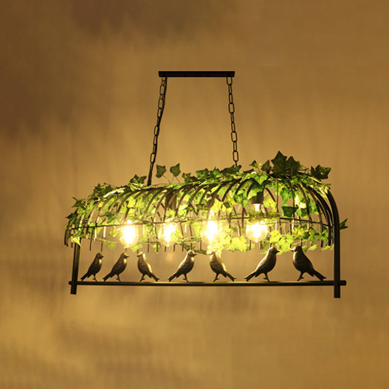 Island Ceiling Light Rural Birdcage Cast Iron Hanging Light Fixture with Bird and Leaf Deco