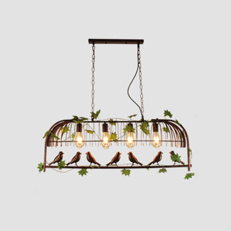 Birdcage Pendant Lighting Rustic Wrought Iron Island Lamp with Vine and Bird Deco for Dining Room
