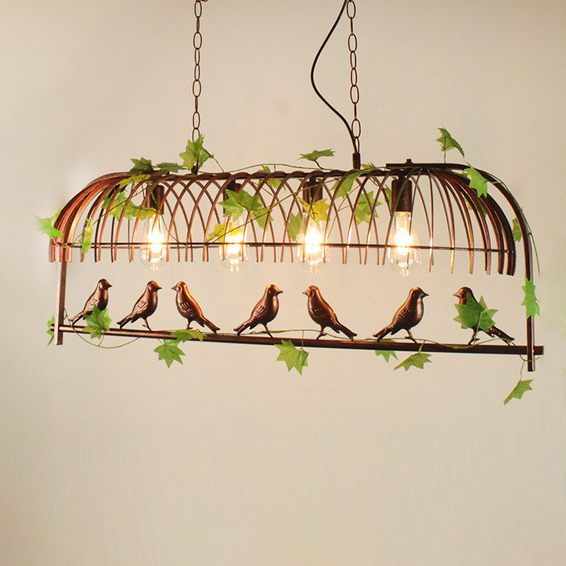 Birdcage Pendant Lighting Rustic Wrought Iron Island Lamp with Vine and Bird Deco for Dining Room