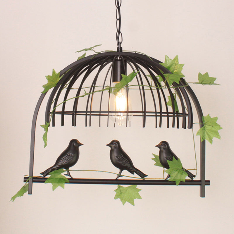 Birdcage Pendant Lighting Rustic Wrought Iron Island Lamp with Vine and Bird Deco for Dining Room