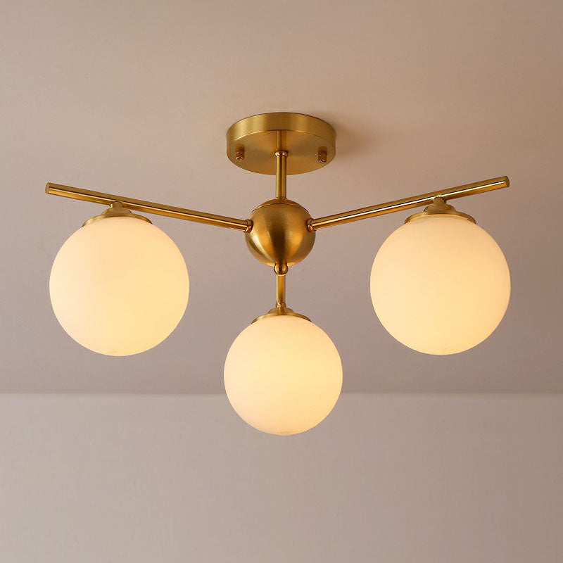 Globe Ceiling Flush Light Simplicity Milk Glass 3-Bulb Antiqued Gold Semi Flush Mount Light