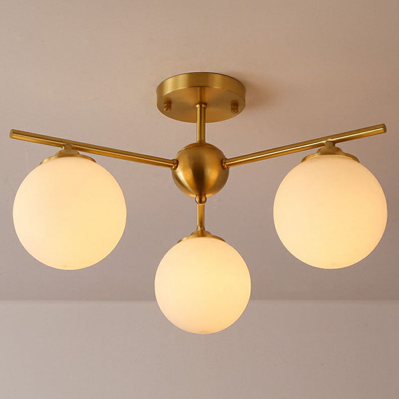 Globe Ceiling Flush Light Simplicity Milk Glass 3-Bulb Antiqued Gold Semi Flush Mount Light