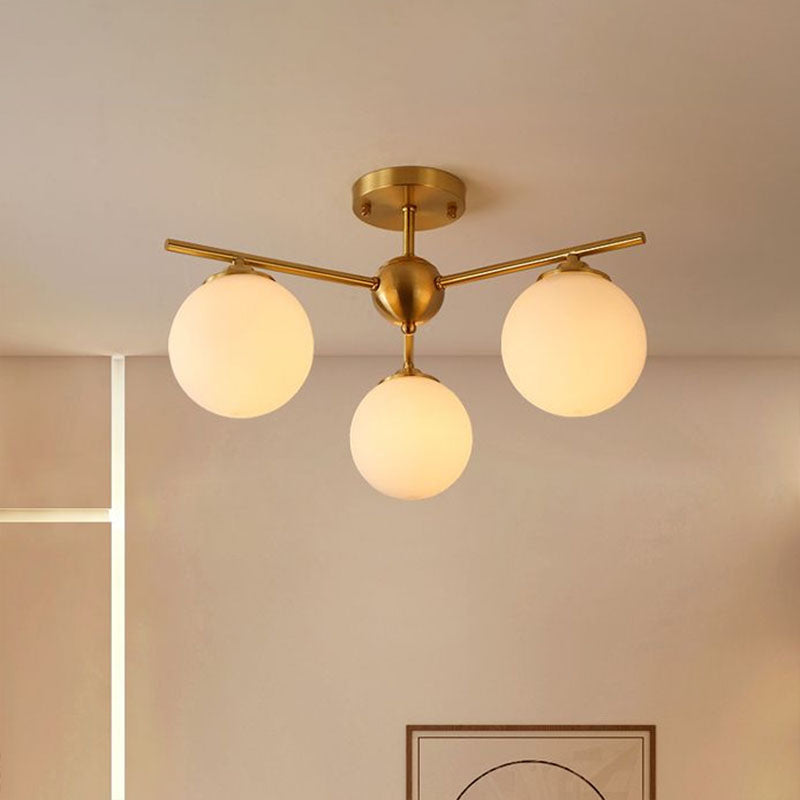 Globe Ceiling Flush Light Simplicity Milk Glass 3-Bulb Antiqued Gold Semi Flush Mount Light