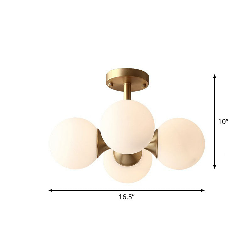 4 Lights Bedroom Ceiling Fixture Minimalist Gold Finish Semi Mount Lighting with Globe Opal Glass Shade