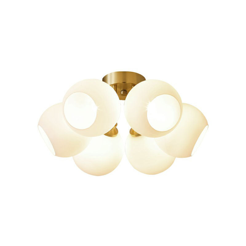Milky Glass Dome Flush Mounted Light Postmodern Gold Plated Semi-Flush Ceiling Light for Bedroom