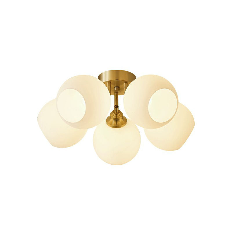 Milky Glass Dome Flush Mounted Light Postmodern Gold Plated Semi-Flush Ceiling Light for Bedroom