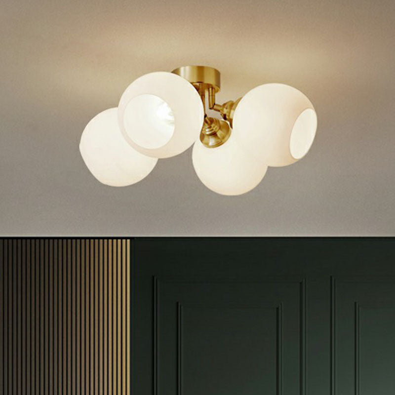 Milky Glass Dome Flush Mounted Light Postmodern Gold Plated Semi-Flush Ceiling Light for Bedroom