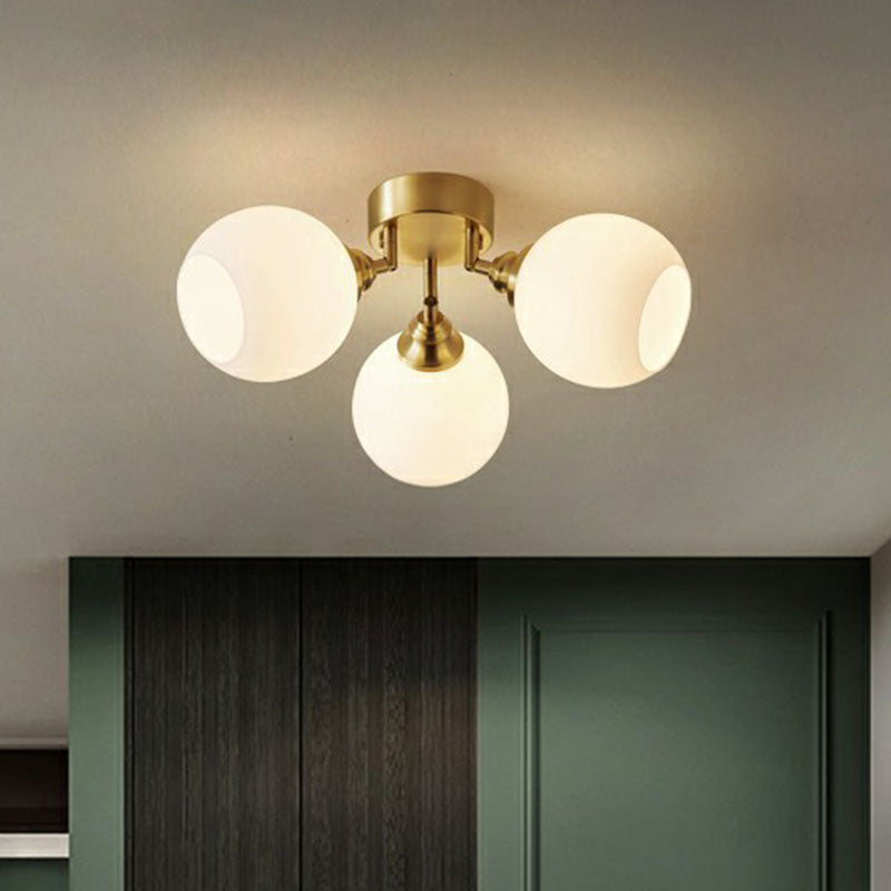 Milky Glass Dome Flush Mounted Light Postmodern Gold Plated Semi-Flush Ceiling Light for Bedroom