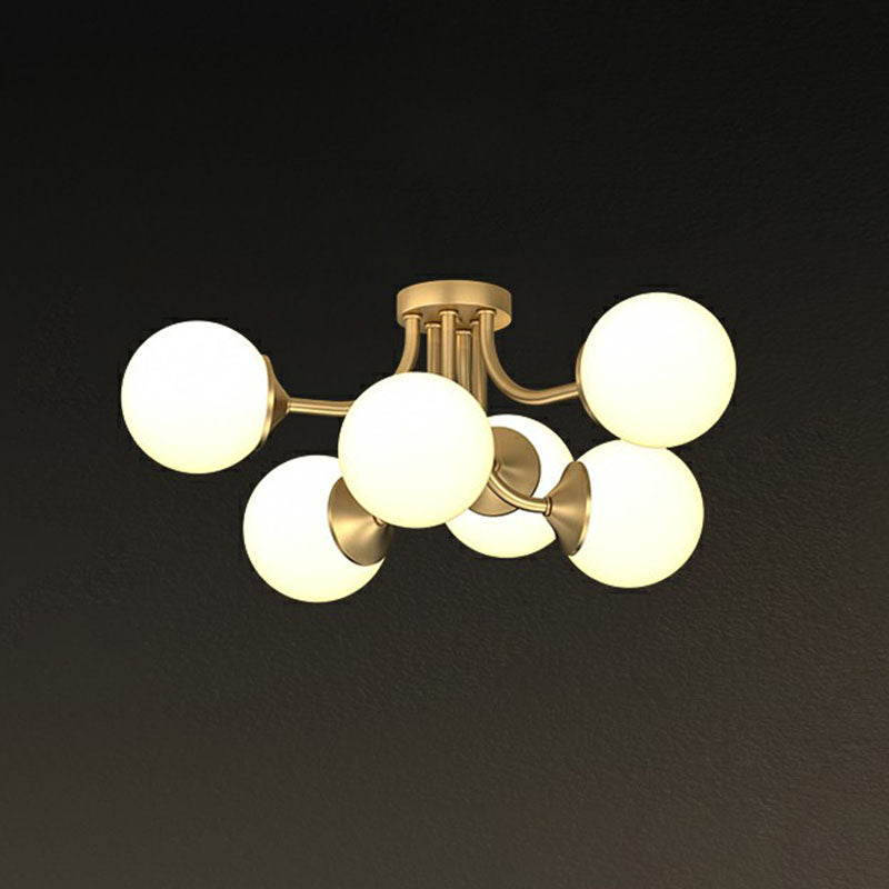 Bola de oro Semi Flush Candelier Postmodern Opal Glass Luz de techo para sala de estar