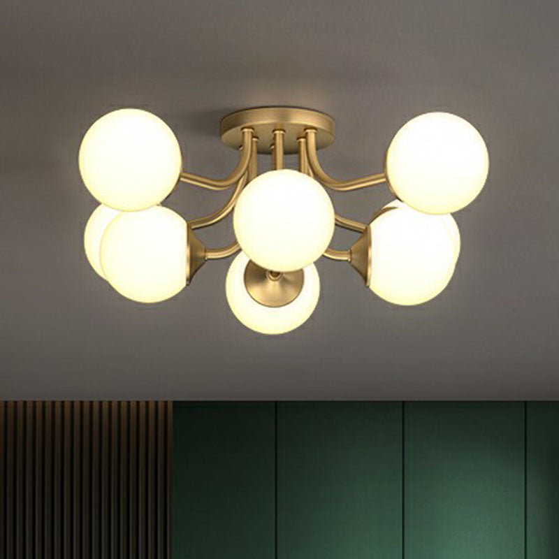 Bola de oro Semi Flush Candelier Postmodern Opal Glass Luz de techo para sala de estar