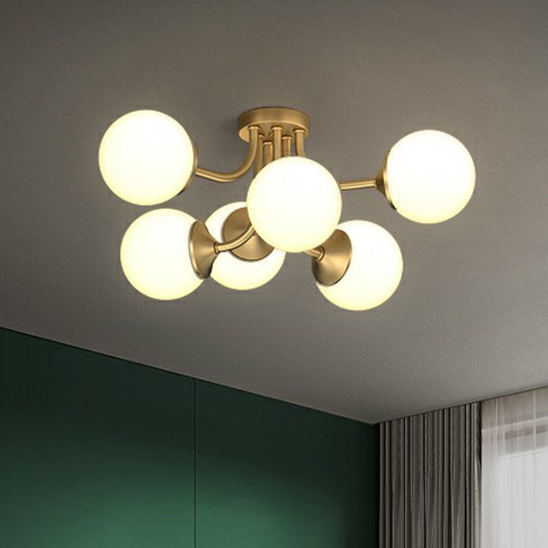 Bola de oro Semi Flush Candelier Postmodern Opal Glass Luz de techo para sala de estar