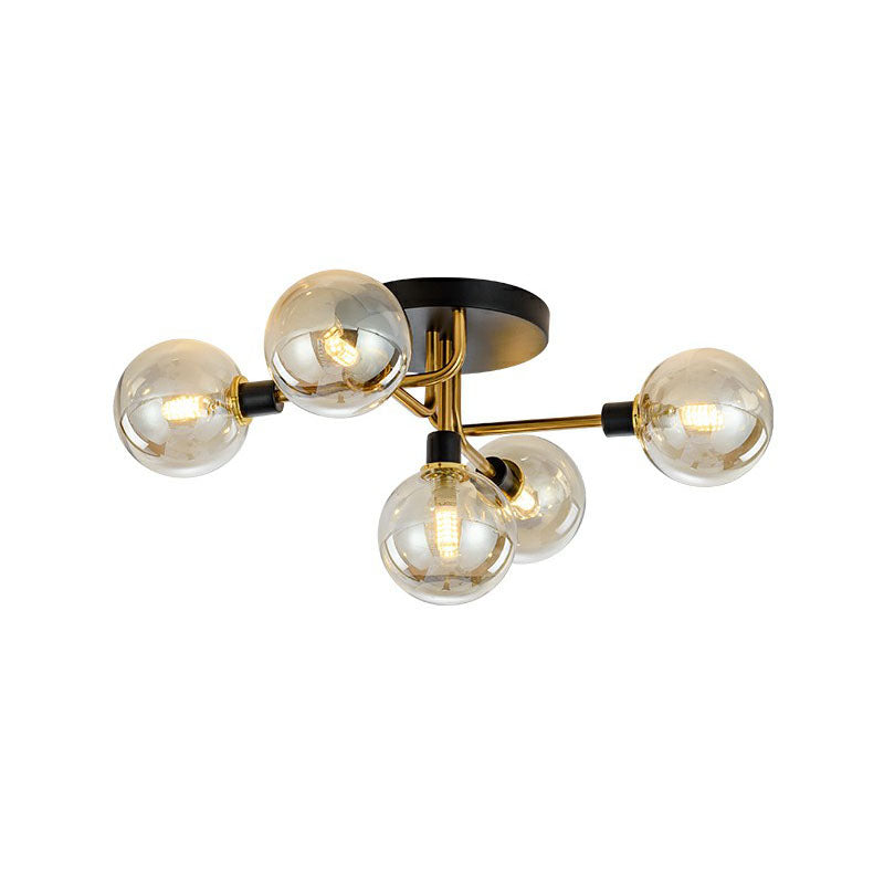 Ball Shaped Bedroom Ceiling Lamp Glass 5-Light Contemporary Semi-Flush Mount Light in Black-Brass