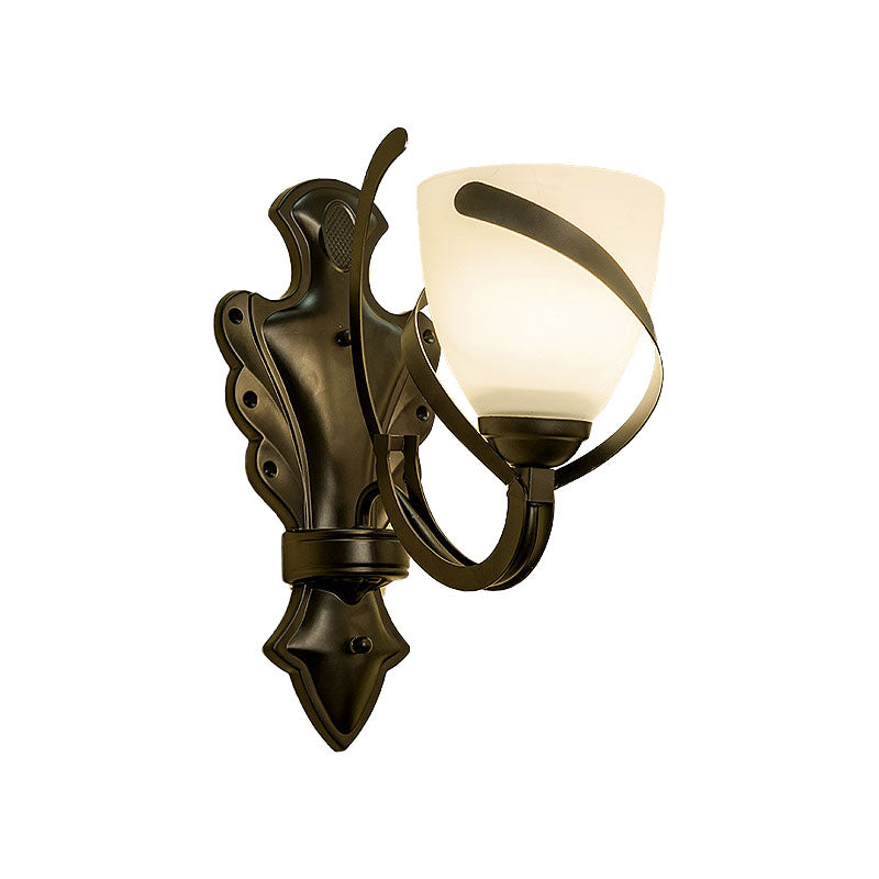 Vidrio blanco Lámpara de pared negra Domo 1/2 luces Vintage de pared Splock con brazo curvilíneo para el porche