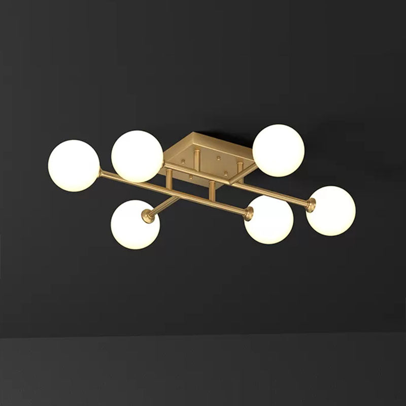 White Glass Balls Close to Ceiling Light Simplicity Gold Finish Semi Flush Mount Light Fixture