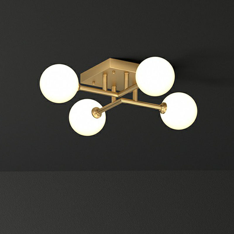 White Glass Balls Close to Ceiling Light Simplicity Gold Finish Semi Flush Mount Light Fixture