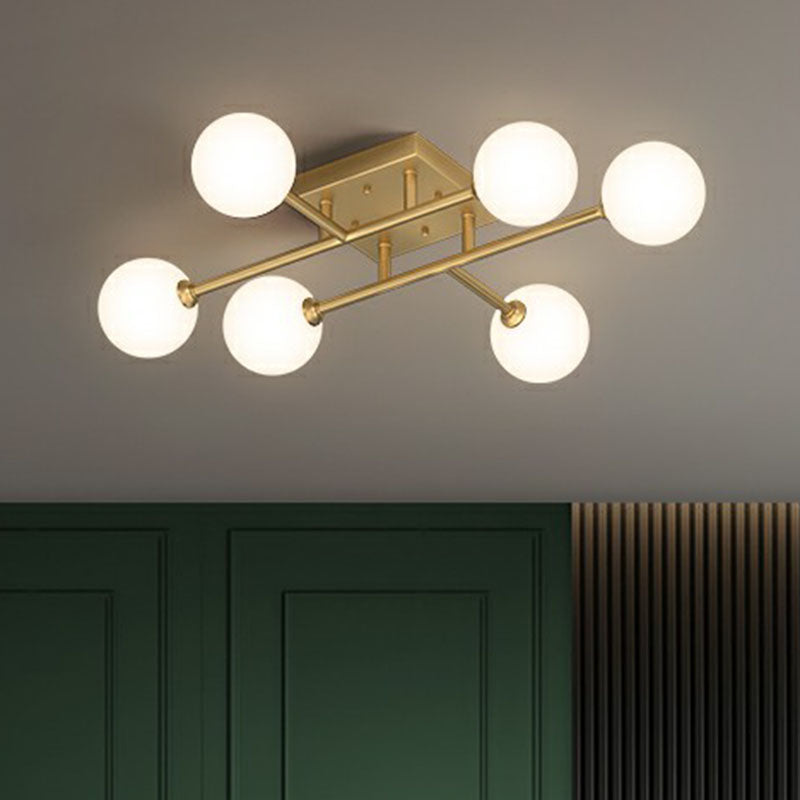 White Glass Balls Close to Ceiling Light Simplicity Gold Finish Semi Flush Mount Light Fixture