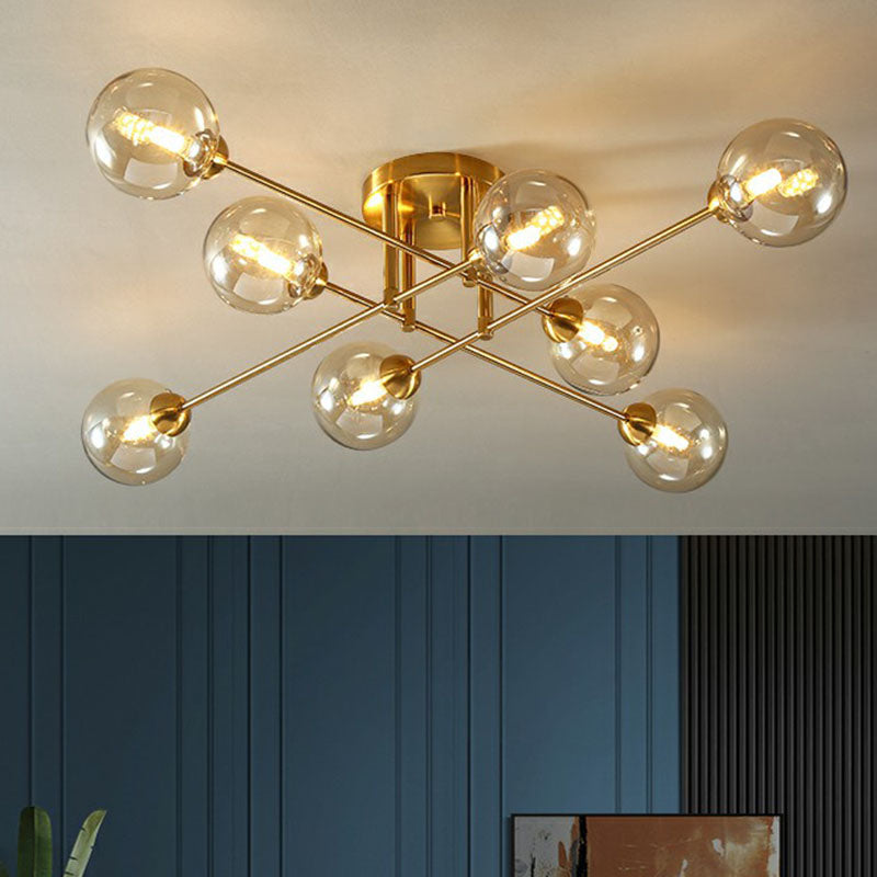 8 Heads Parlor Semi Flush Light Postmodern Ceiling Mounted Fixture with Ball Amber Glass Shade