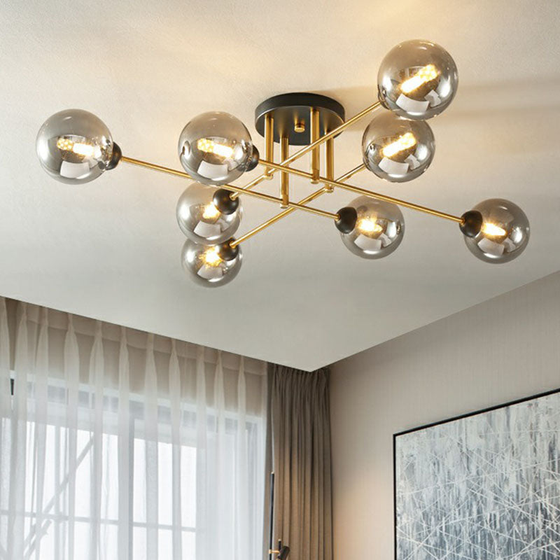 8 Heads Parlor Semi Flush Light Postmodern Ceiling Mounted Fixture with Ball Amber Glass Shade