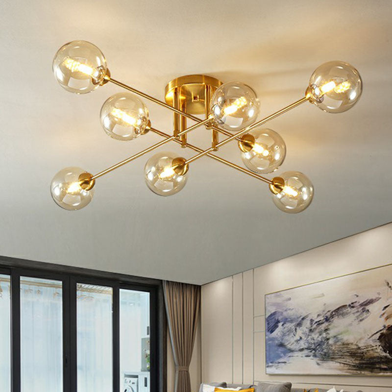 8 Heads Parlor Semi Flush Light Postmodern Ceiling Mounted Fixture with Ball Amber Glass Shade