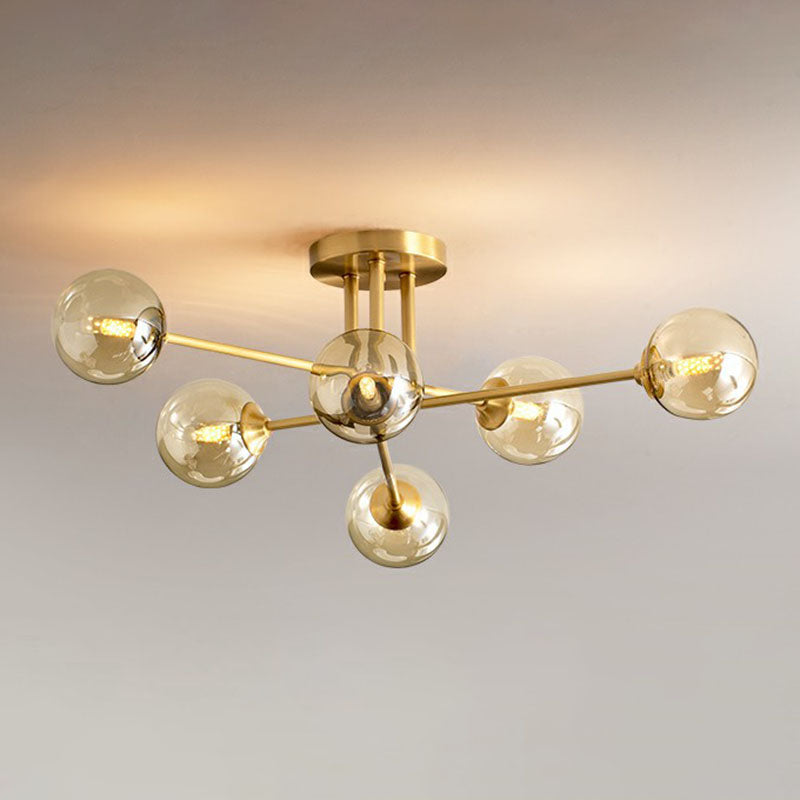 Spherical Dining Room Ceiling Fixture Amber Glass Postmodern Semi Flush Mount Lighting in Gold