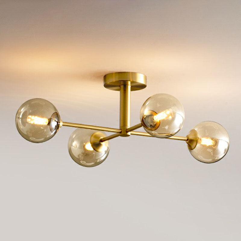 Spherical Dining Room Ceiling Fixture Amber Glass Postmodern Semi Flush Mount Lighting in Gold