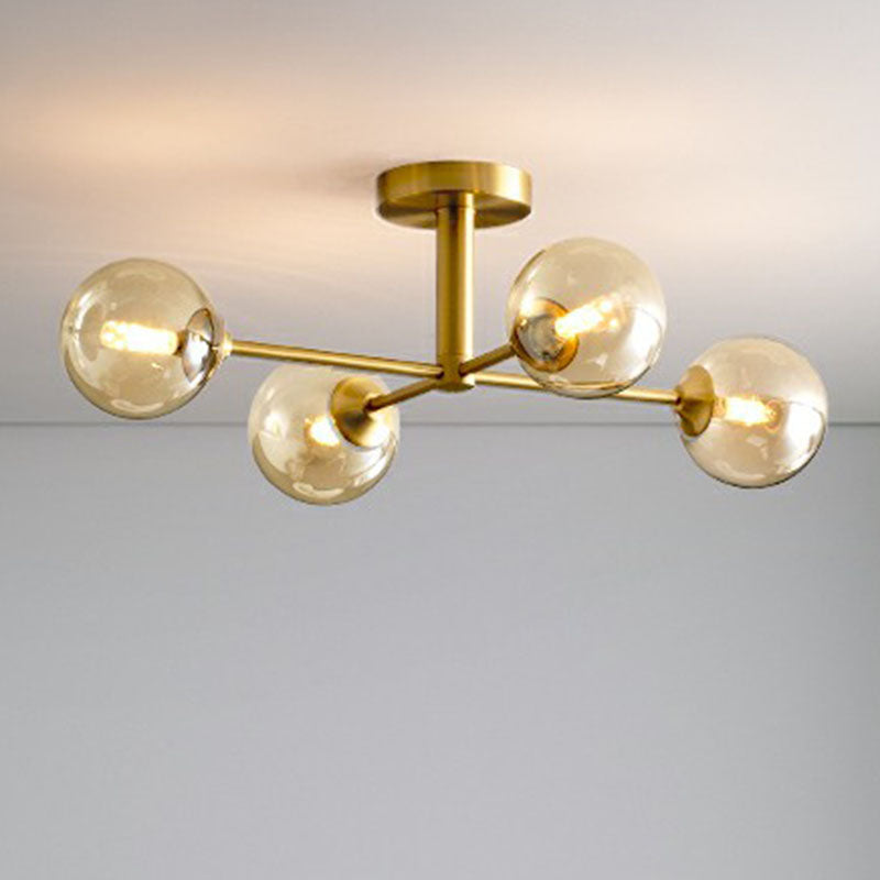 Spherical Dining Room Ceiling Fixture Amber Glass Postmodern Semi Flush Mount Lighting in Gold