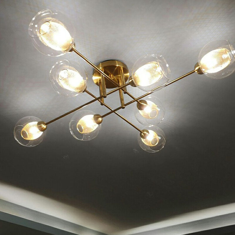 Clear Glass Ball Flush Ceiling Light Postmodern Gold Finish Semi Mount Lighting with Mesh Shade Inside