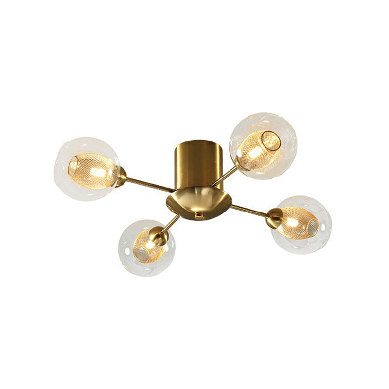 Clear Glass Ball Flush Ceiling Light Postmodern Gold Finish Semi Mount Lighting with Mesh Shade Inside