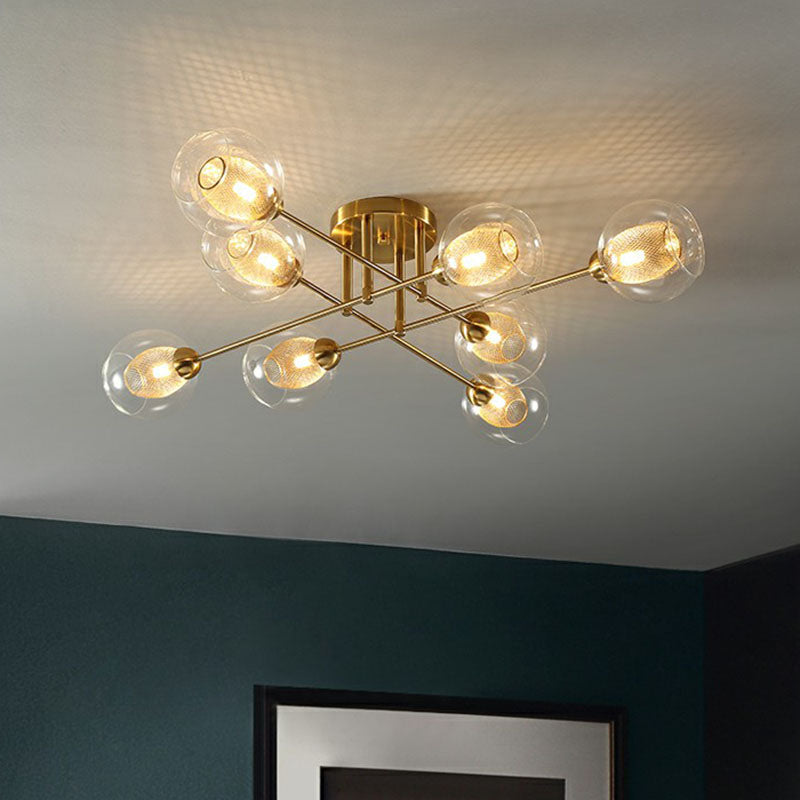 Clear Glass Ball Flush Ceiling Light Postmodern Gold Finish Semi Mount Lighting with Mesh Shade Inside