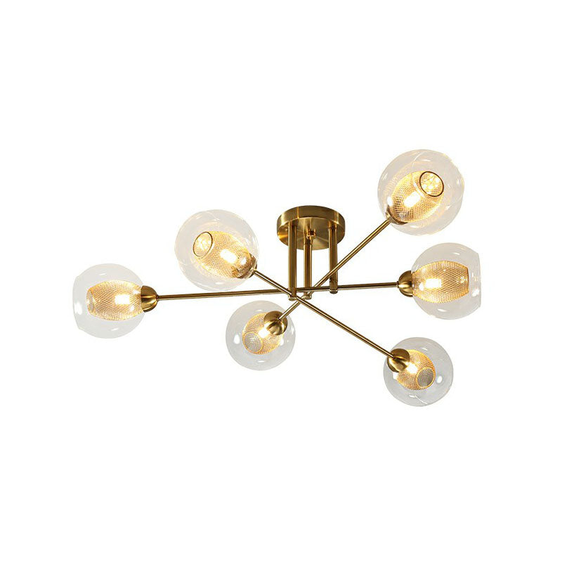 Clear Glass Ball Flush Ceiling Light Postmodern Gold Finish Semi Mount Lighting with Mesh Shade Inside