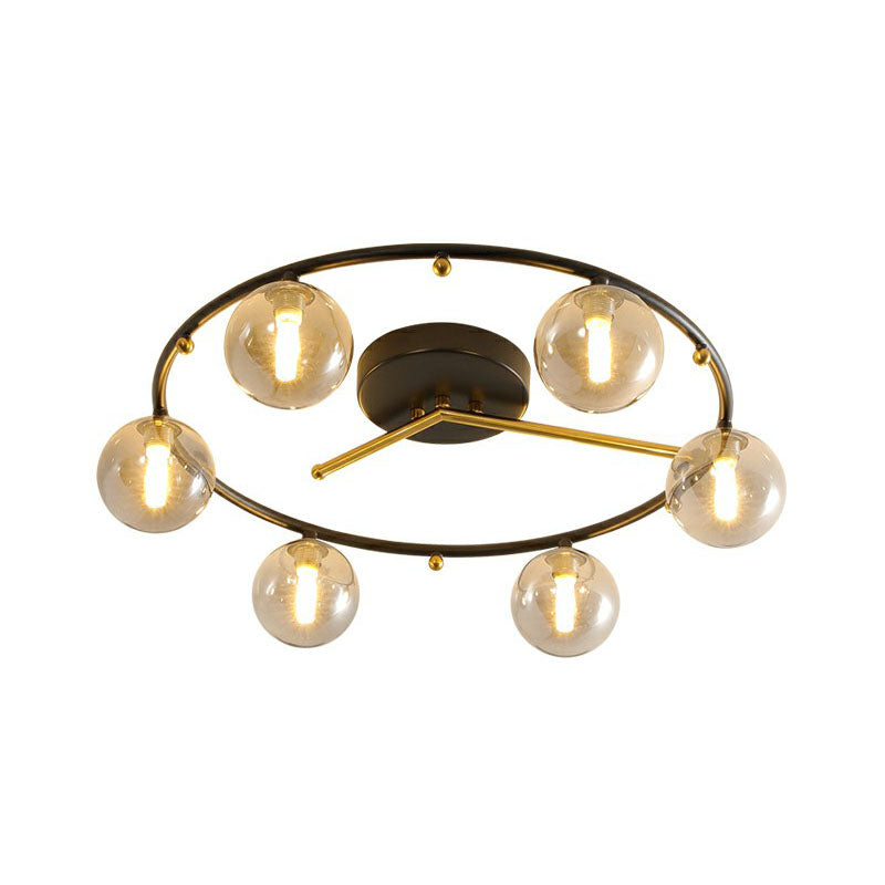 Schwarz-Messing-Uhr-Deckenlampe postmoderne kreative 6-Kopf-Kugelglas Halbflush-Leuchte