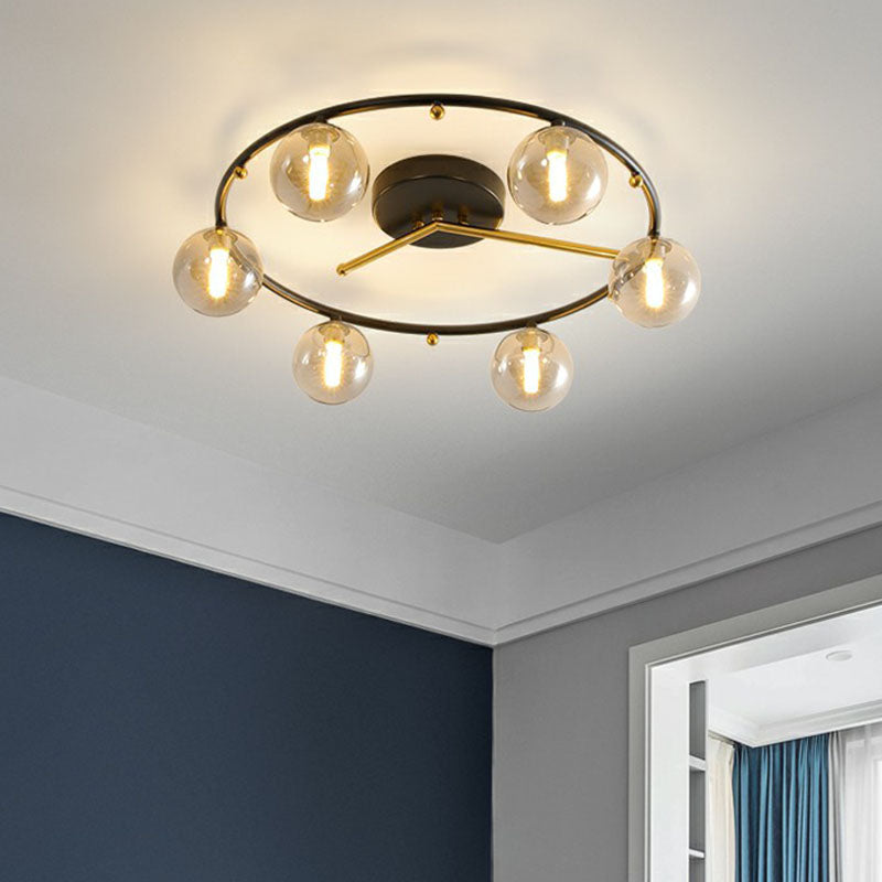 Schwarz-Messing-Uhr-Deckenlampe postmoderne kreative 6-Kopf-Kugelglas Halbflush-Leuchte