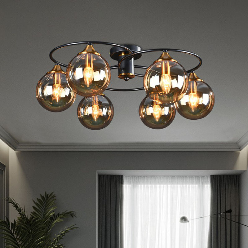 Ball Semi Flush Chandelier Post-Modern Glass Black Softer Mount Light per soggiorno