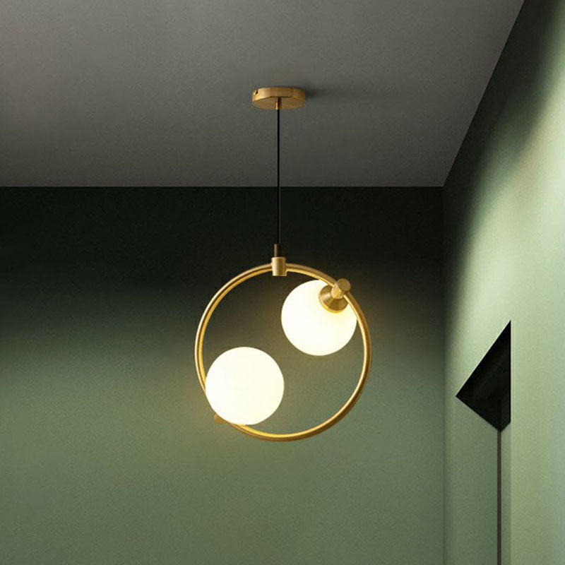Simple Style Ball Pendant Chandelier Opal Glass 2-Bulb Dining Room Ceiling Light with Ring Deco in Gold