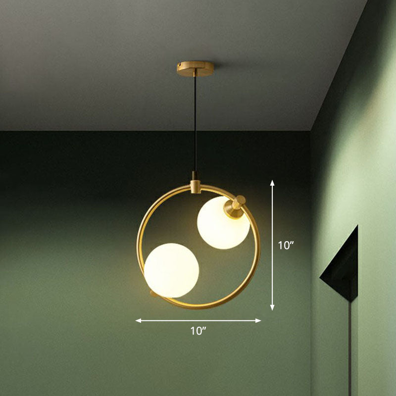 Simple Style Ball Pendant Chandelier Opal Glass 2-Bulb Dining Room Ceiling Light with Ring Deco in Gold