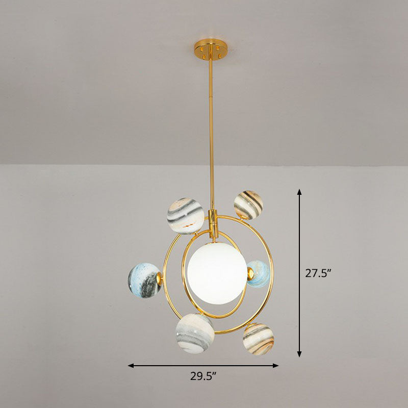 Postmodern Creative Chandelier Gold Orbital Planet Pendant Light con tonalità di vetro colorato