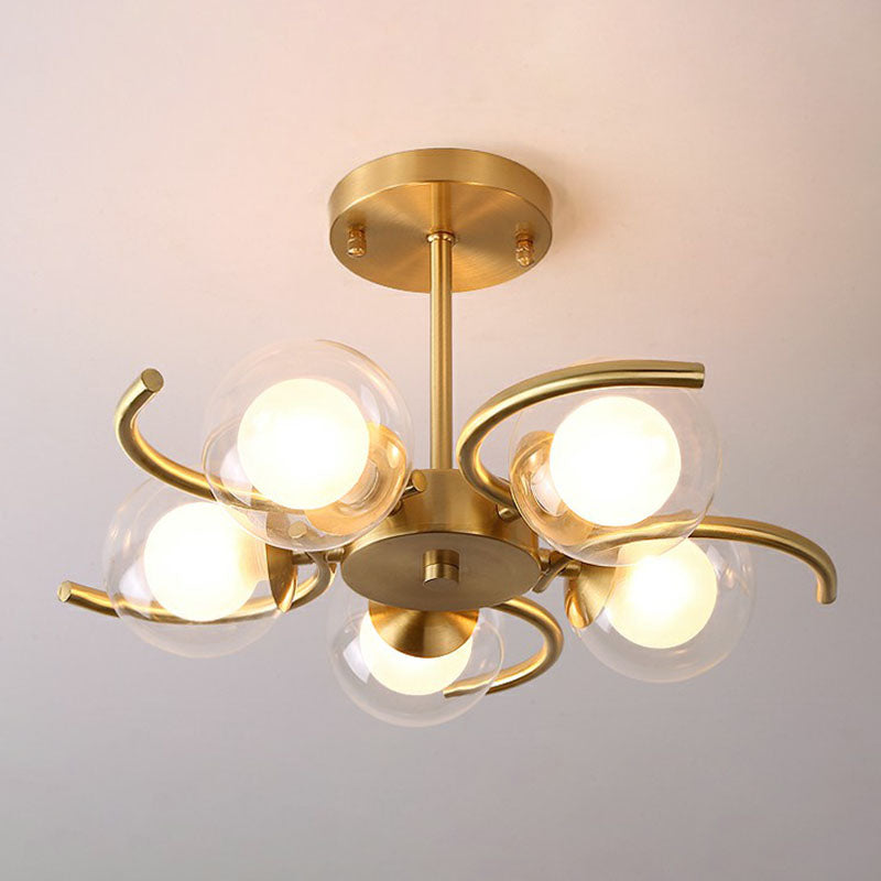 Lámpara de techo metálico posmoderna de luz de oro de oro en oro con bola de vidrio transparente y blanco